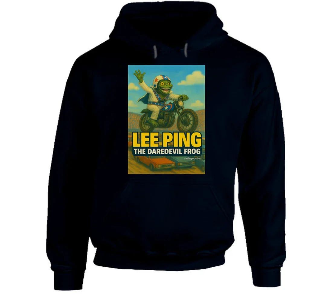 Lee Ping Daredevil Frog Hoodie – whimsical frog daredevil mid-air on motorcycle