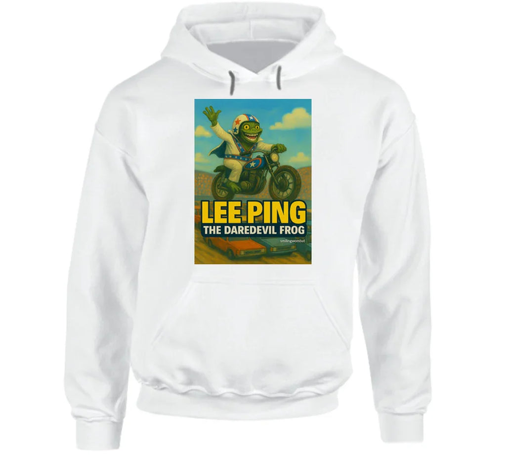 Lee Ping Daredevil Frog Hoodie – whimsical frog daredevil mid-air on motorcycle