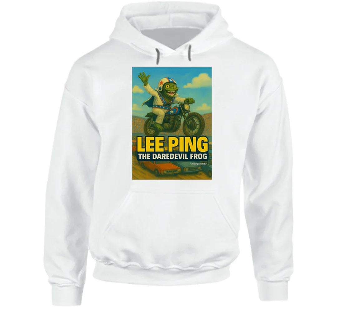 Lee Ping Daredevil Frog Hoodie – whimsical frog daredevil mid-air on motorcycle