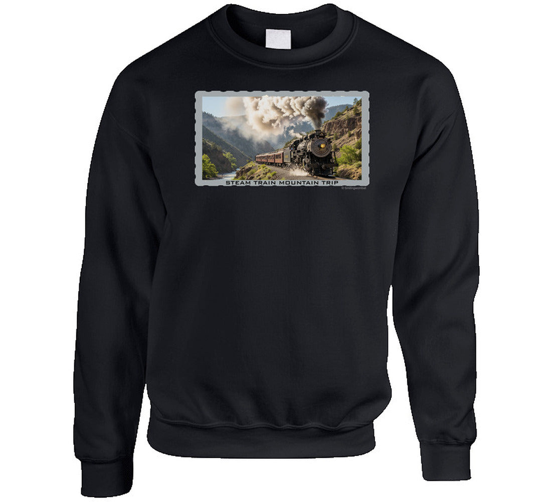  Cozy sweatshirt featuring steam locomotive in scenic mountain setting