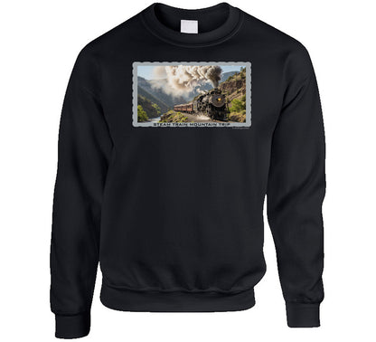 Cozy sweatshirt featuring steam locomotive in scenic mountain setting