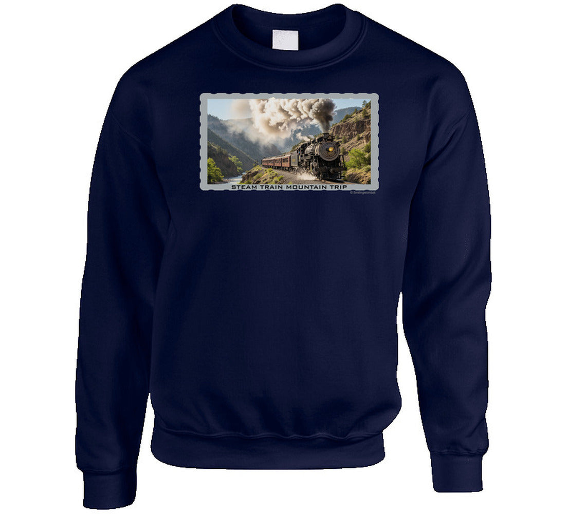  Cozy sweatshirt featuring steam locomotive in scenic mountain setting