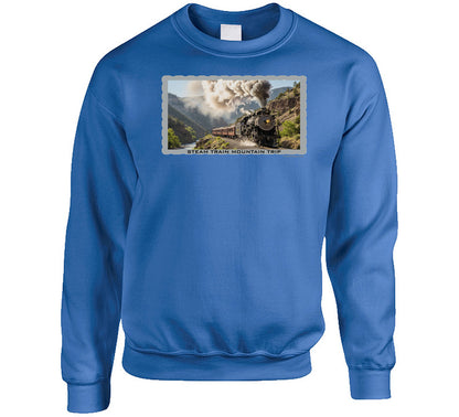  Cozy sweatshirt featuring steam locomotive in scenic mountain setting