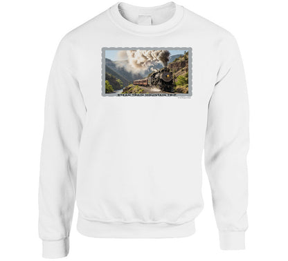  Cozy sweatshirt featuring steam locomotive in scenic mountain setting