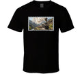 Vintage steam train T-shirt with mountain landscape and maroon passenger cars