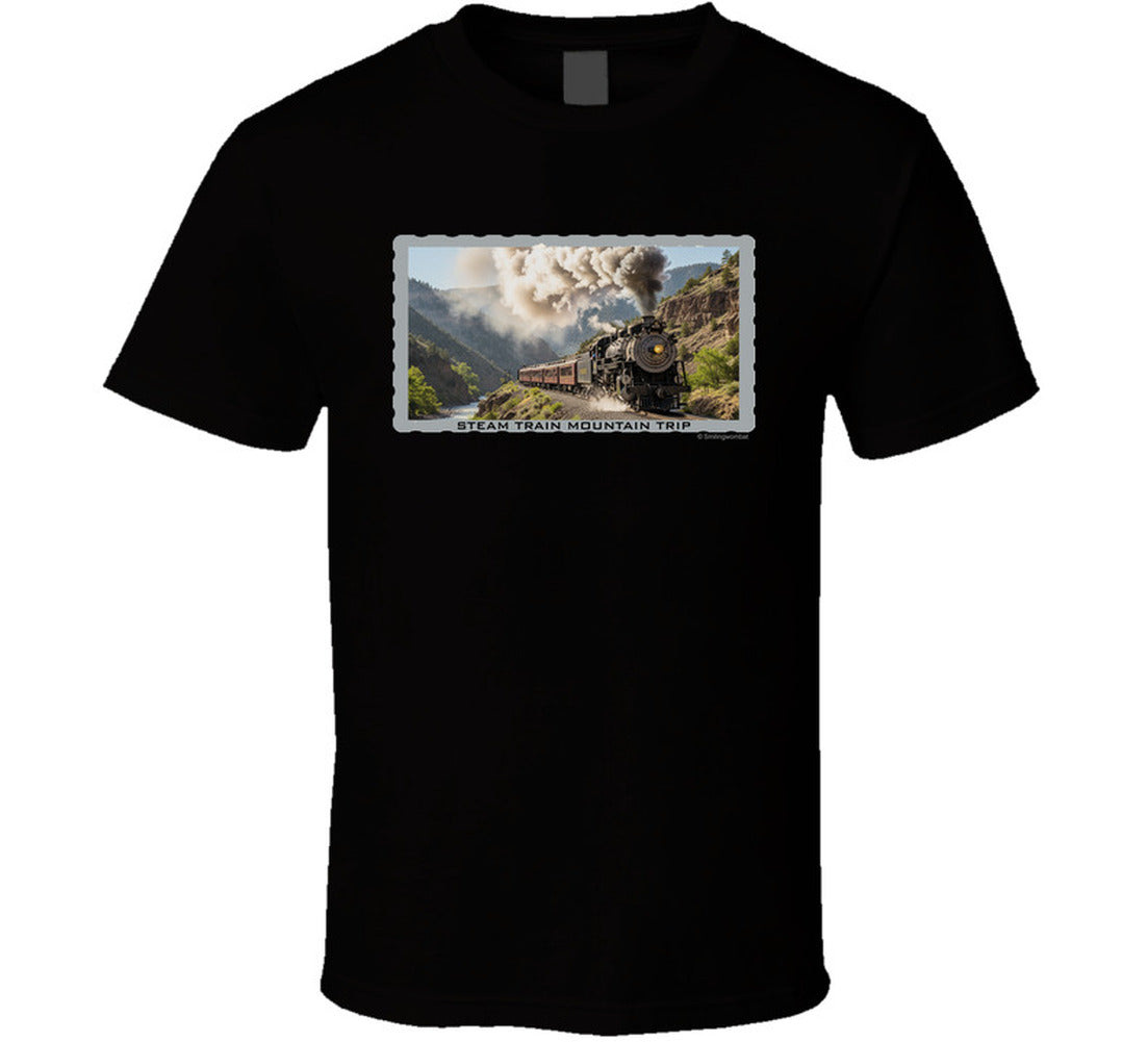 Vintage steam train T-shirt with mountain landscape and maroon passenger cars