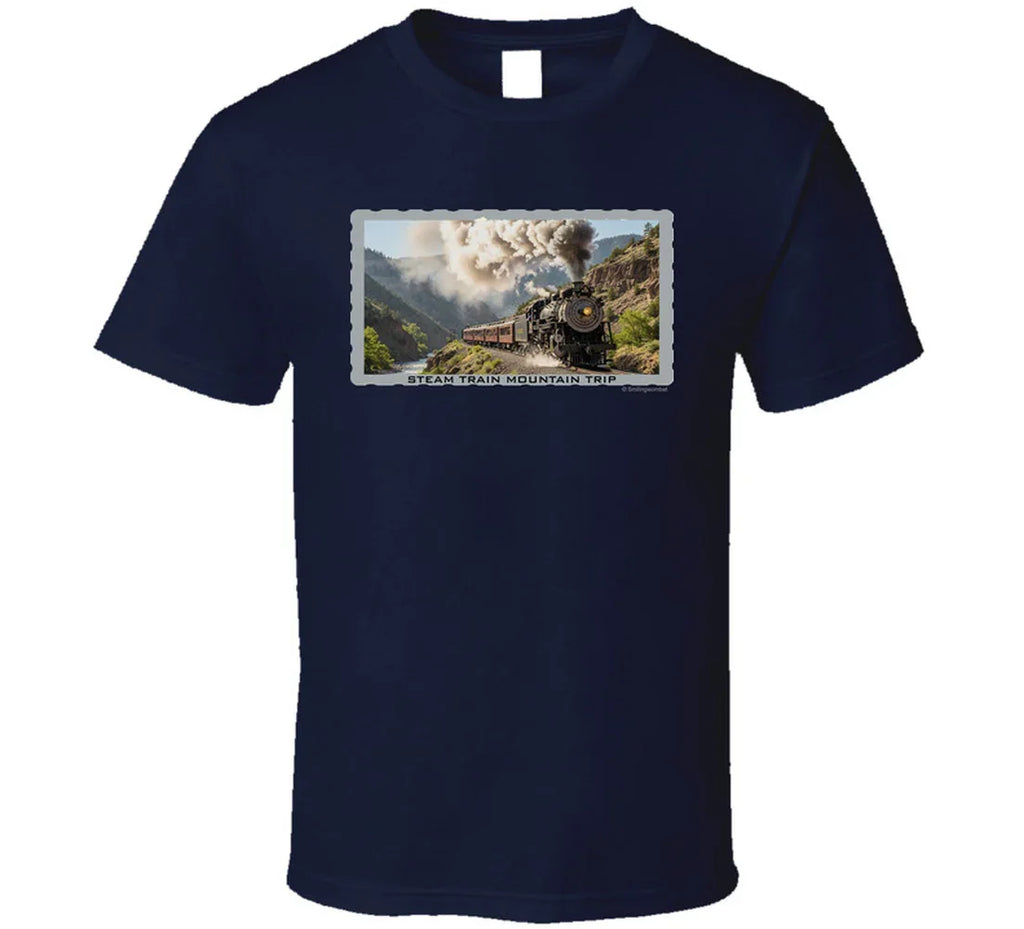 Vintage steam train T-shirt with mountain landscape and maroon passenger cars