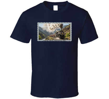 Vintage steam train T-shirt with mountain landscape and maroon passenger cars