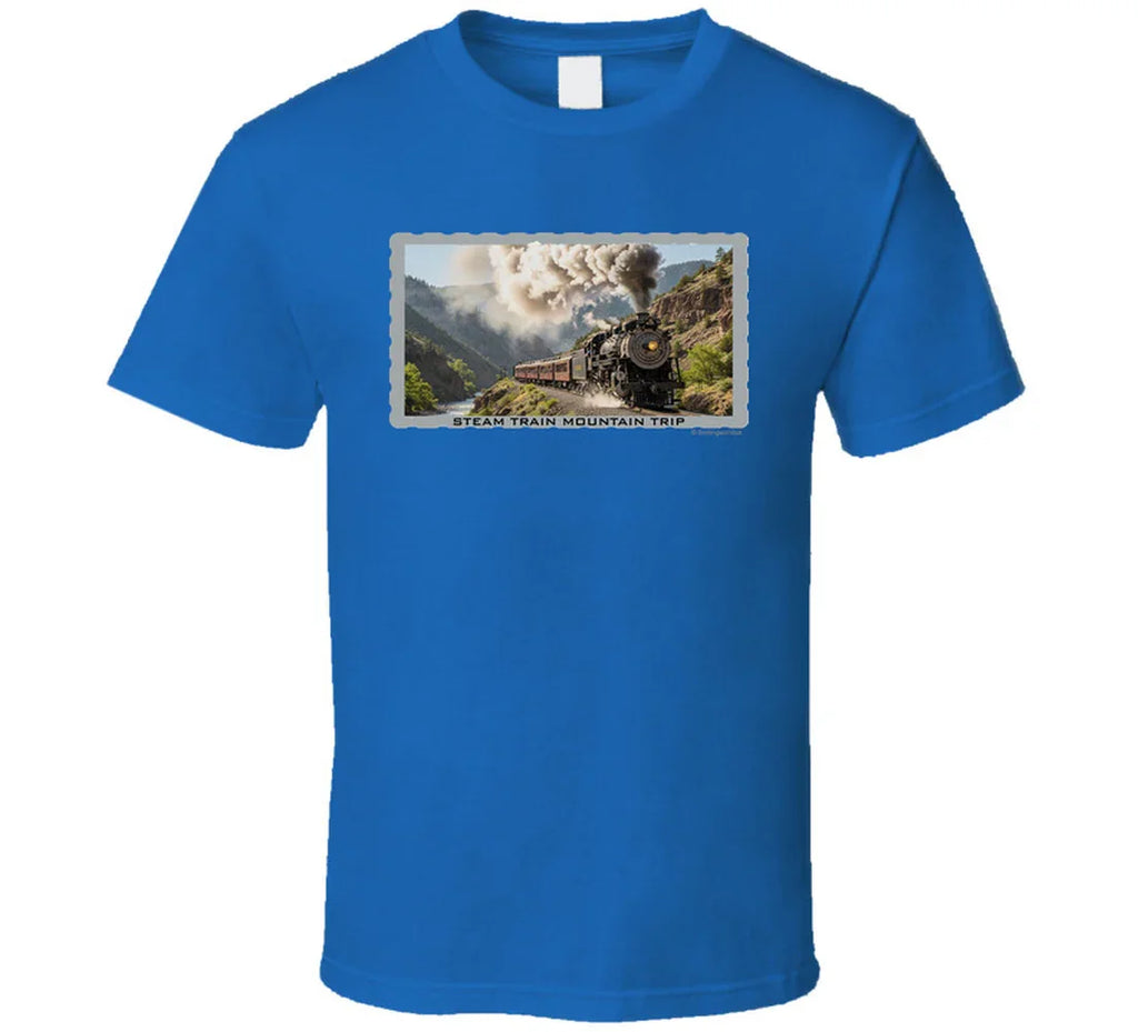Vintage steam train T-shirt with mountain landscape and maroon passenger cars