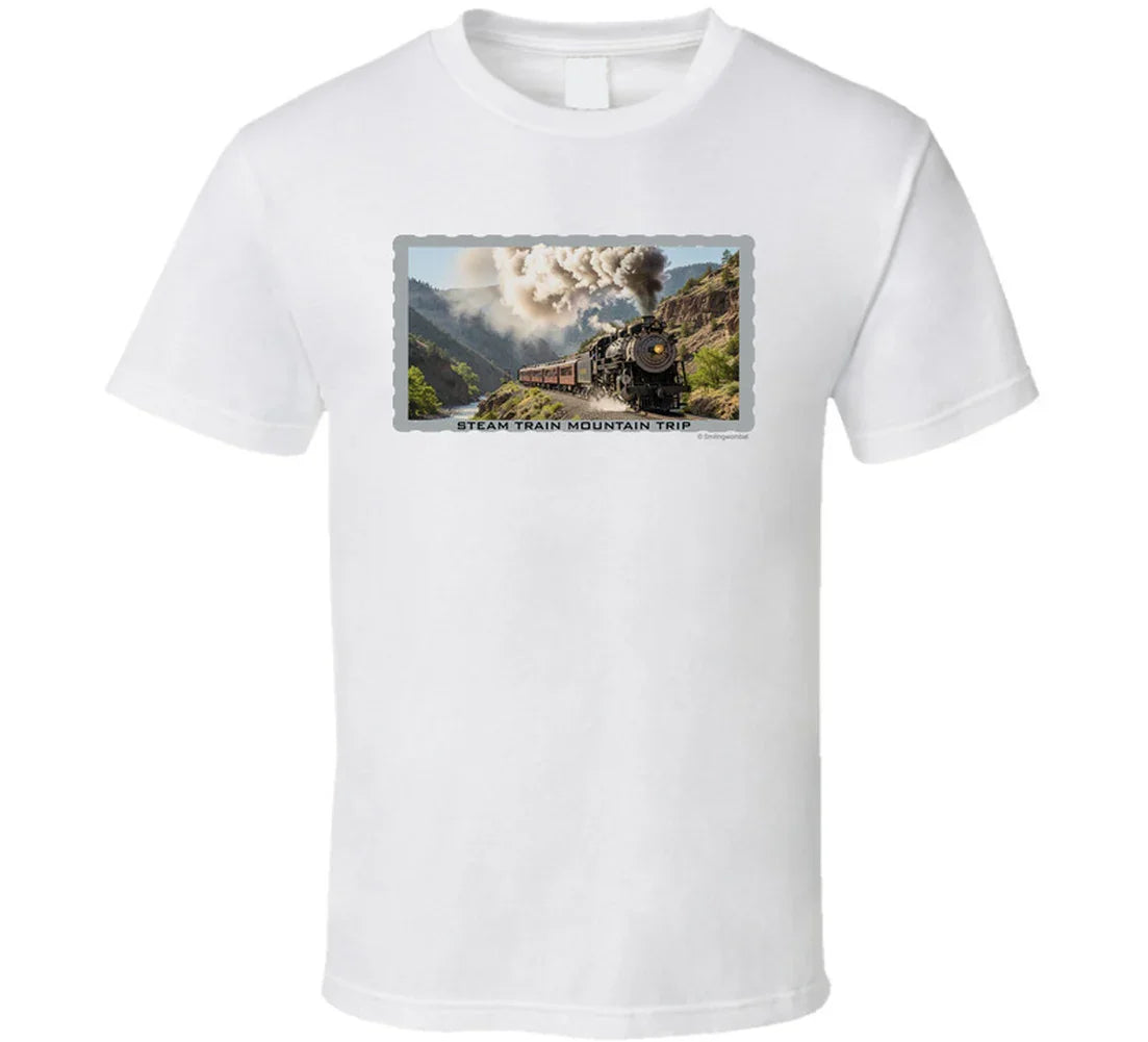 Vintage steam train T-shirt with mountain landscape and maroon passenger cars