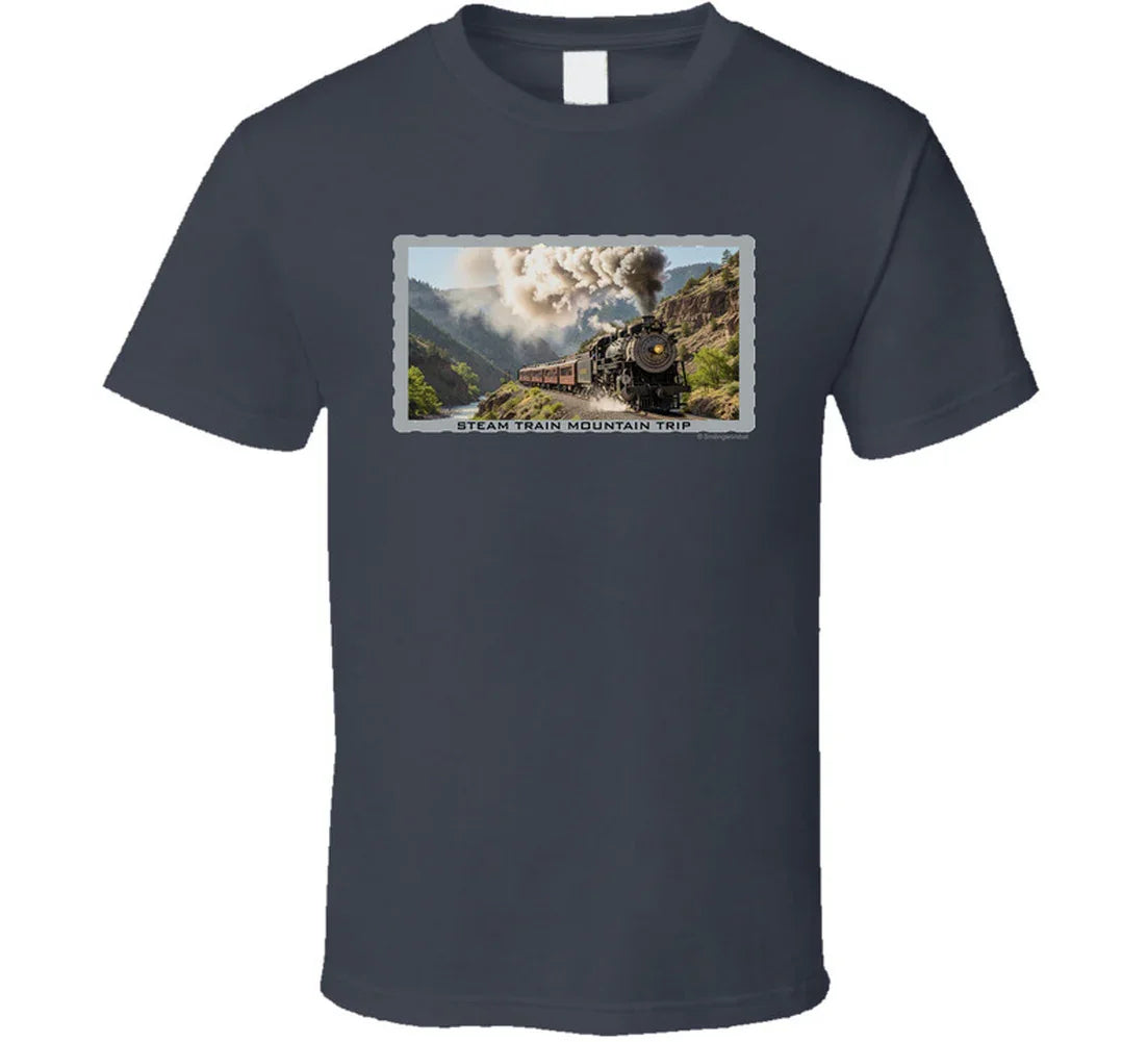 Vintage steam train T-shirt with mountain landscape and maroon passenger cars