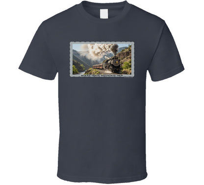 Vintage steam train T-shirt with mountain landscape and maroon passenger cars