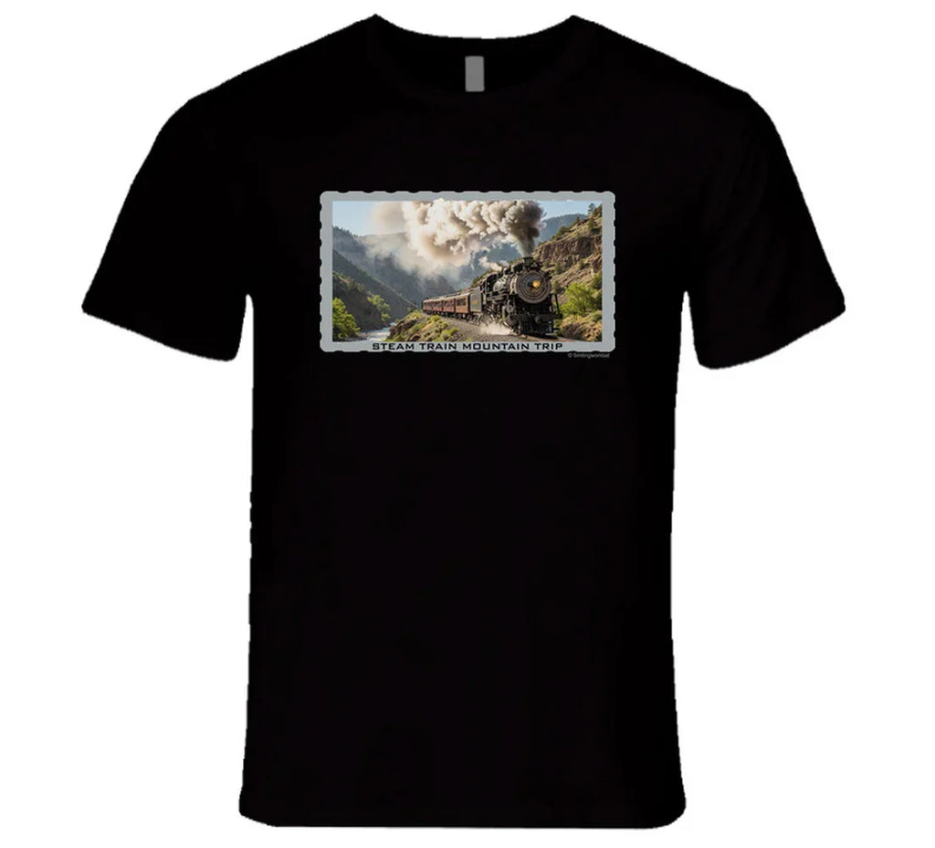 Vintage steam train T-shirt with mountain landscape and maroon passenger cars