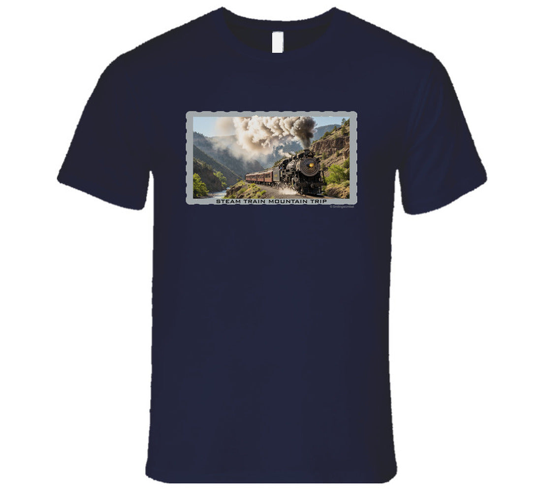 Vintage steam train T-shirt with mountain landscape and maroon passenger cars