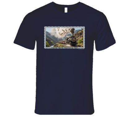 Vintage steam train T-shirt with mountain landscape and maroon passenger cars