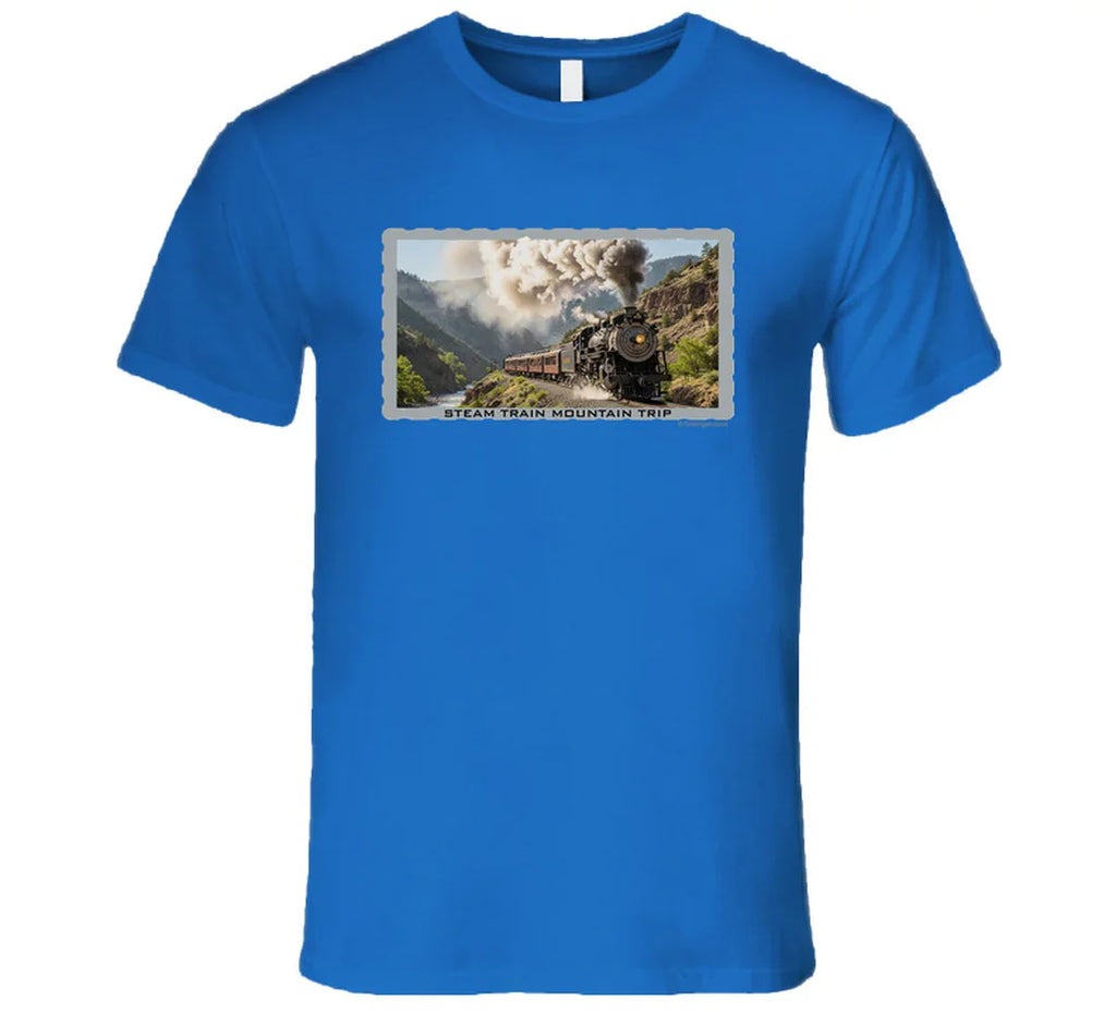 Vintage steam train T-shirt with mountain landscape and maroon passenger cars
