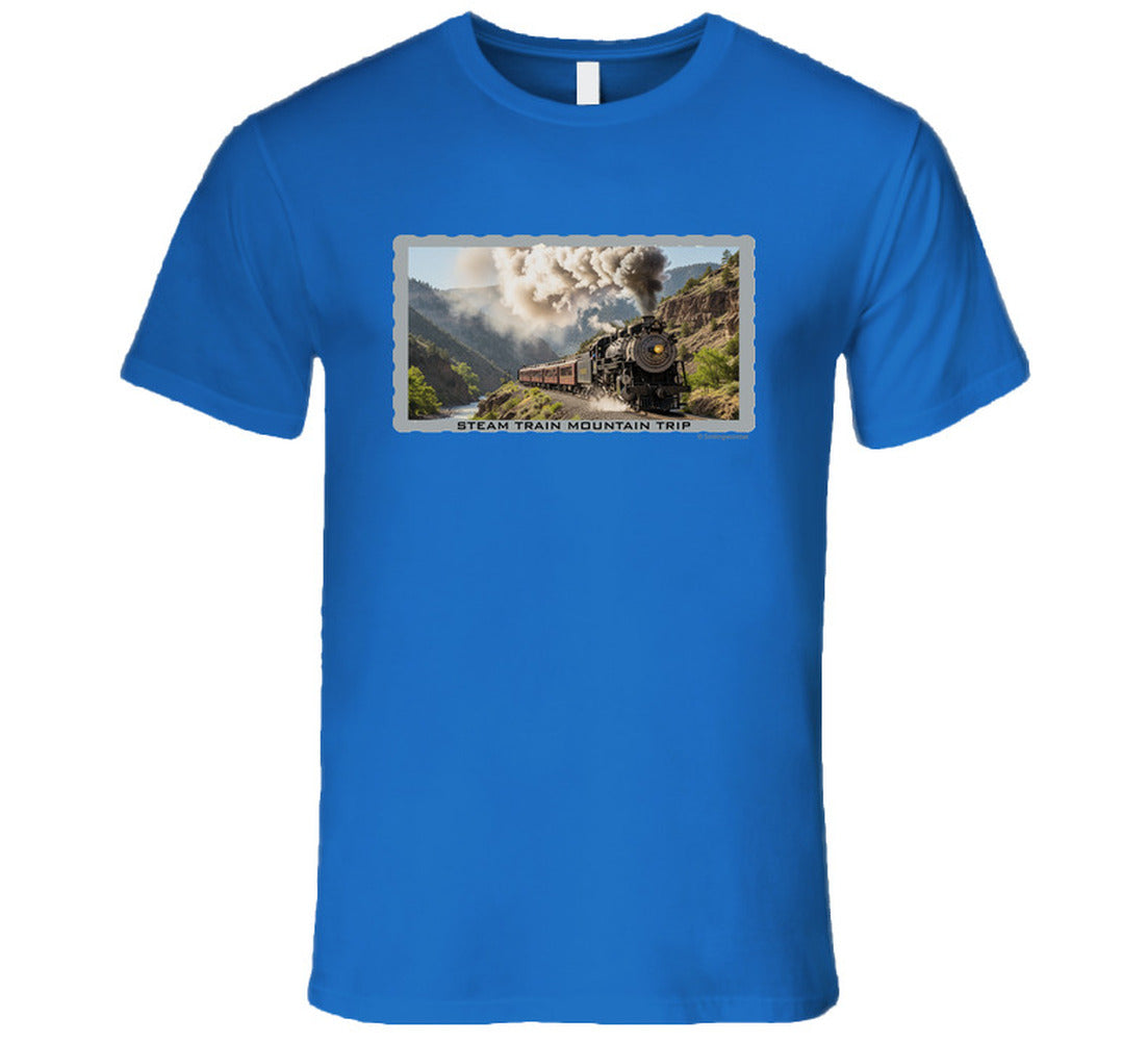 Vintage steam train T-shirt with mountain landscape and maroon passenger cars