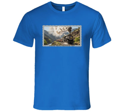 Vintage steam train T-shirt with mountain landscape and maroon passenger cars
