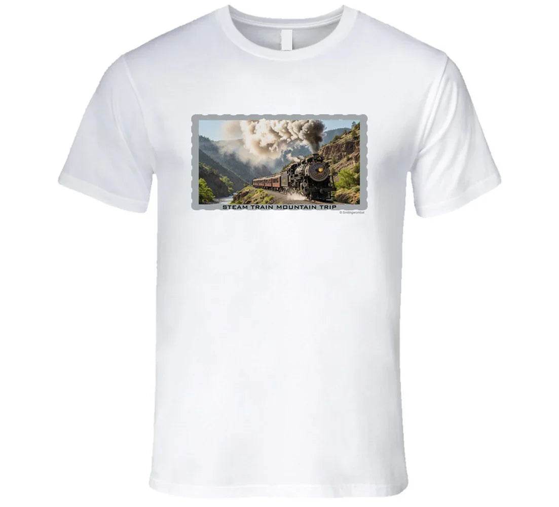 Vintage steam train T-shirt with mountain landscape and maroon passenger cars