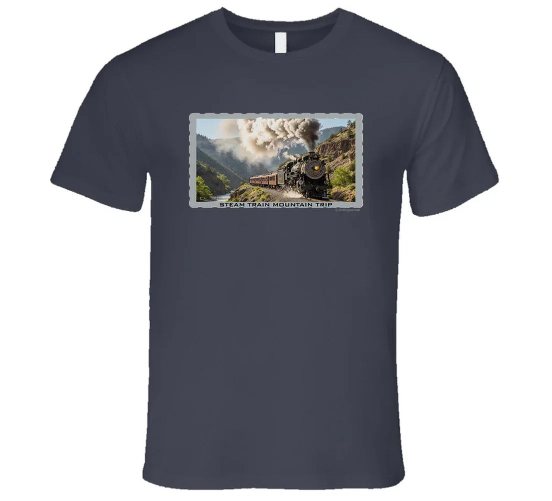 Vintage steam train T-shirt with mountain landscape and maroon passenger cars