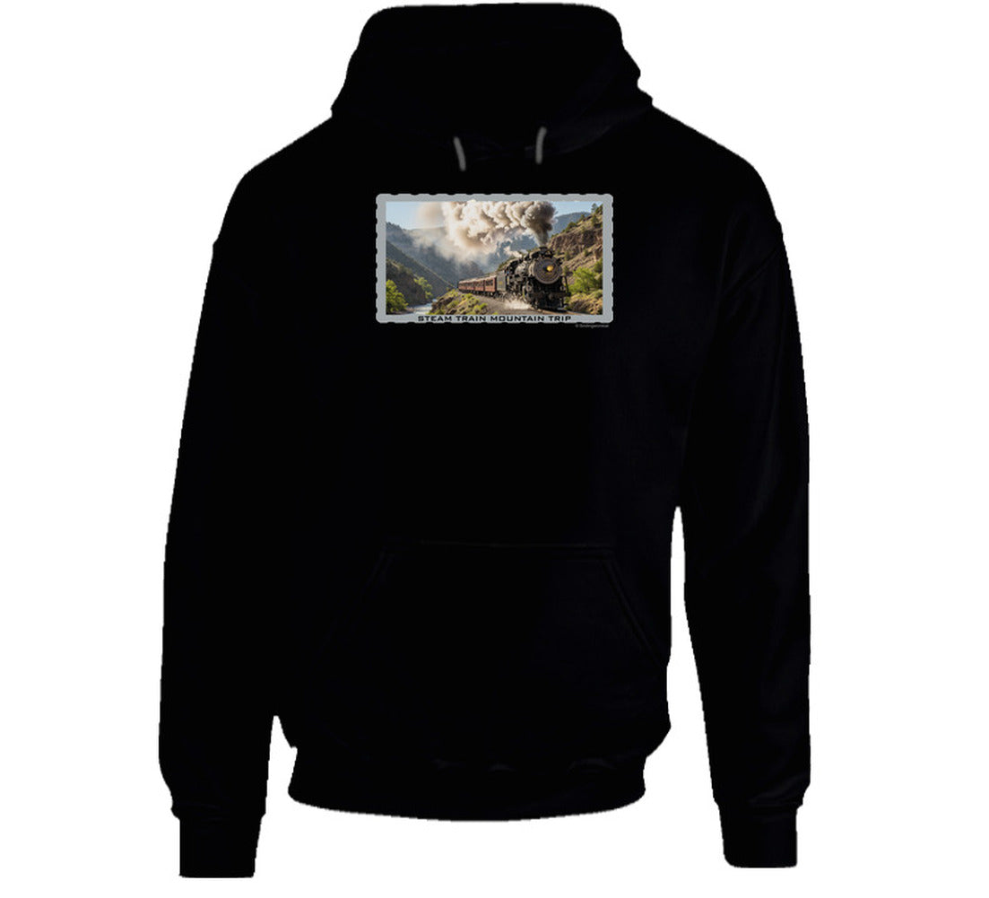 Hoodie with vintage train artwork and rugged outdoor scenery