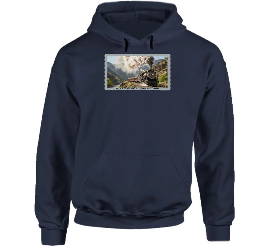 Hoodie with vintage train artwork and rugged outdoor scenery