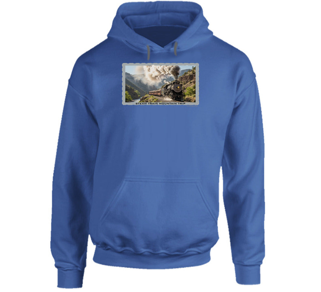 Hoodie with vintage train artwork and rugged outdoor scenery