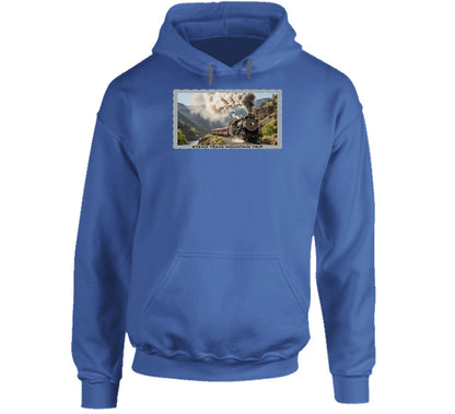 Hoodie with vintage train artwork and rugged outdoor scenery