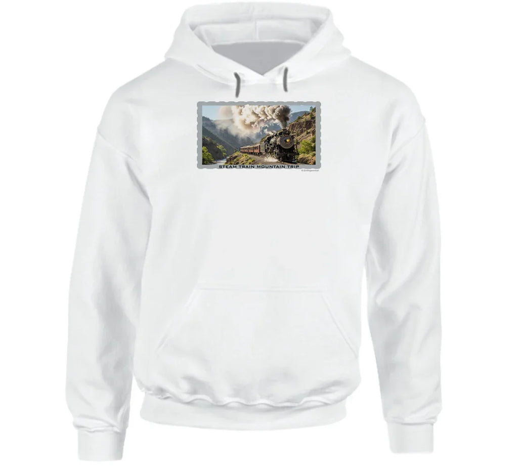 Hoodie with vintage train artwork and rugged outdoor scenery