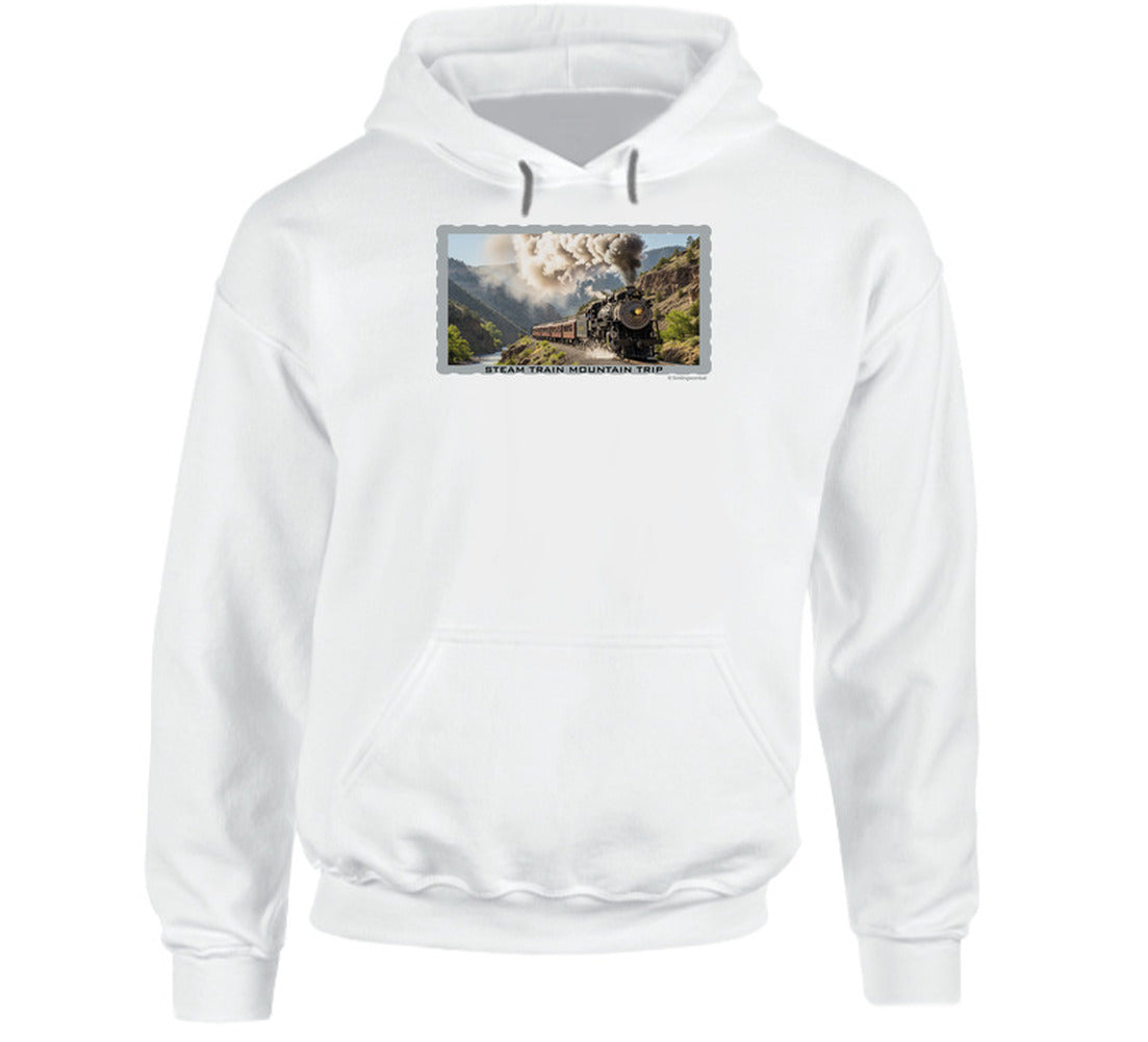 Hoodie with vintage train artwork and rugged outdoor scenery