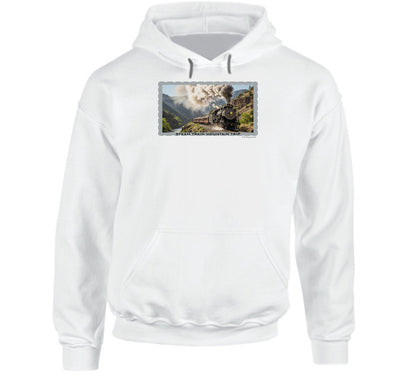 Hoodie with vintage train artwork and rugged outdoor scenery