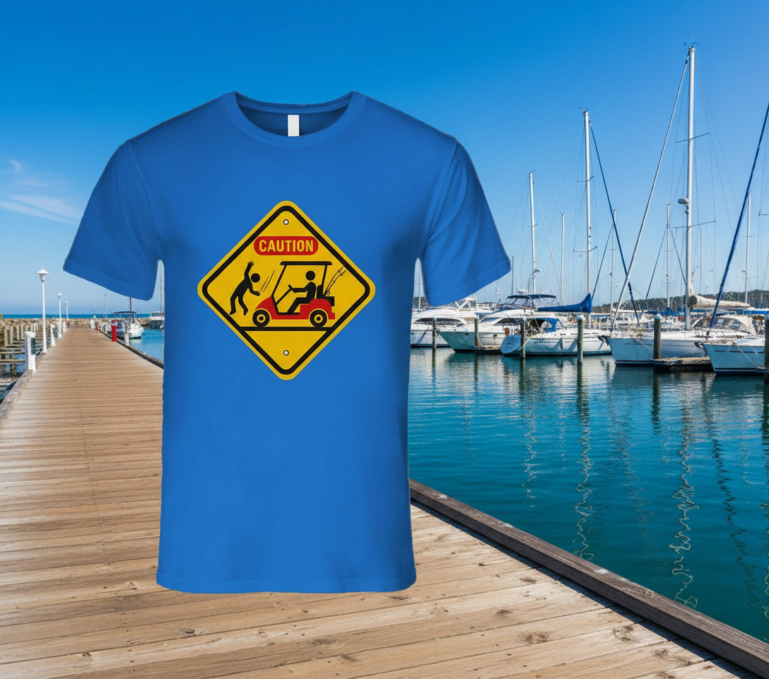 “Golf cart collision caution sign T-shirt”
