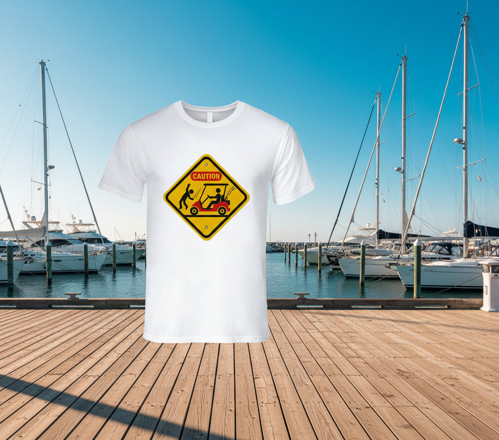 “Golf cart collision caution sign T-shirt”
