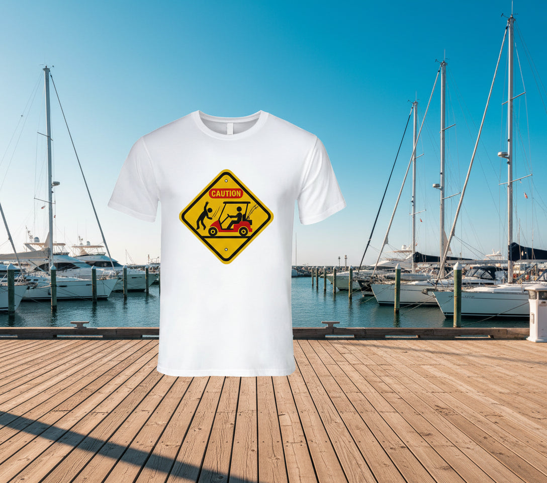 “Golf cart collision caution sign T-shirt”
