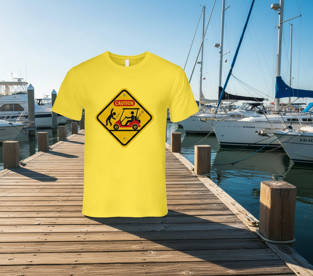 “Golf cart collision caution sign T-shirt”
