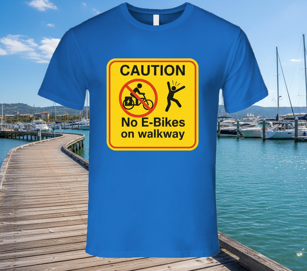 “No E-Bikes on walkway caution sign T-shirt”
