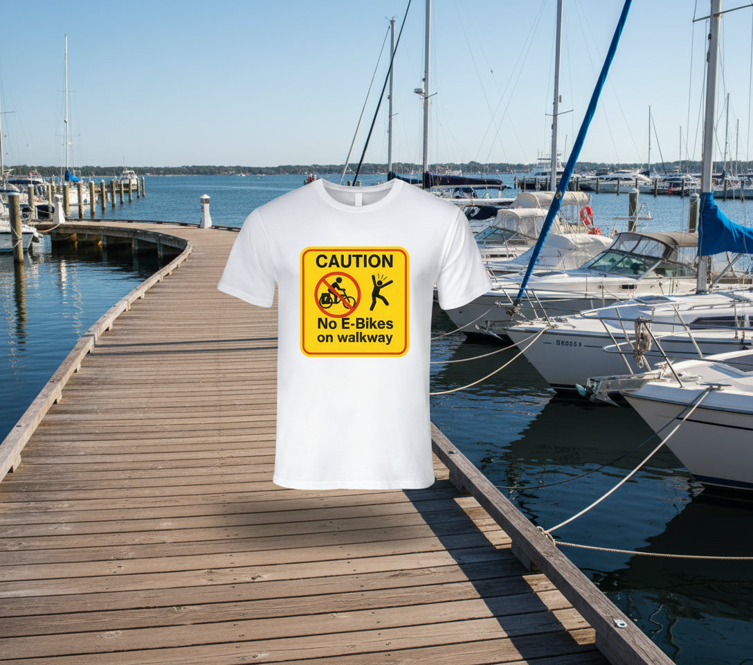 “No E-Bikes on walkway caution sign T-shirt”
