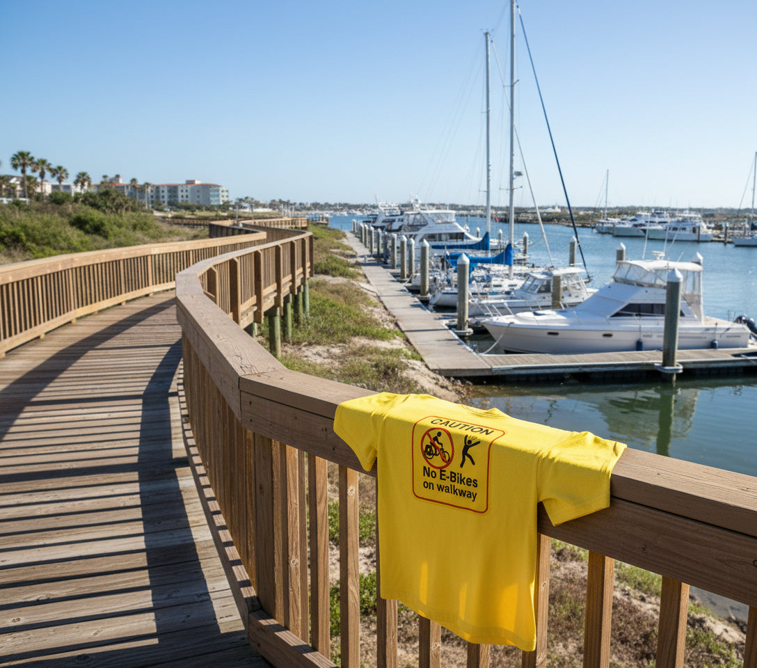  “No E-Bikes on walkway caution sign T-shirt”
