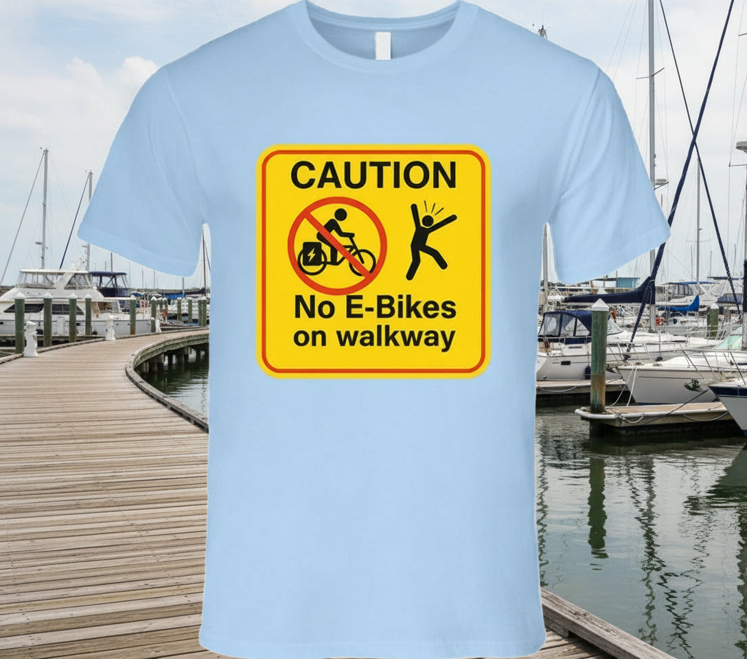 “No E-Bikes on walkway caution sign T-shirt”

