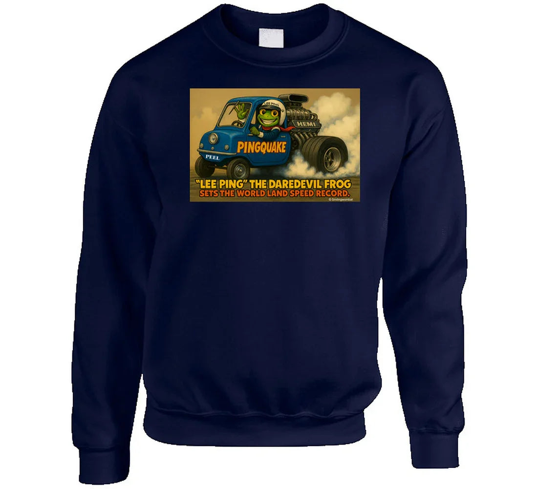 - “Lee Ping sweatshirt featuring cartoon frog in HEMI car”
