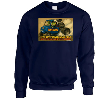 - “Lee Ping sweatshirt featuring cartoon frog in HEMI car”
