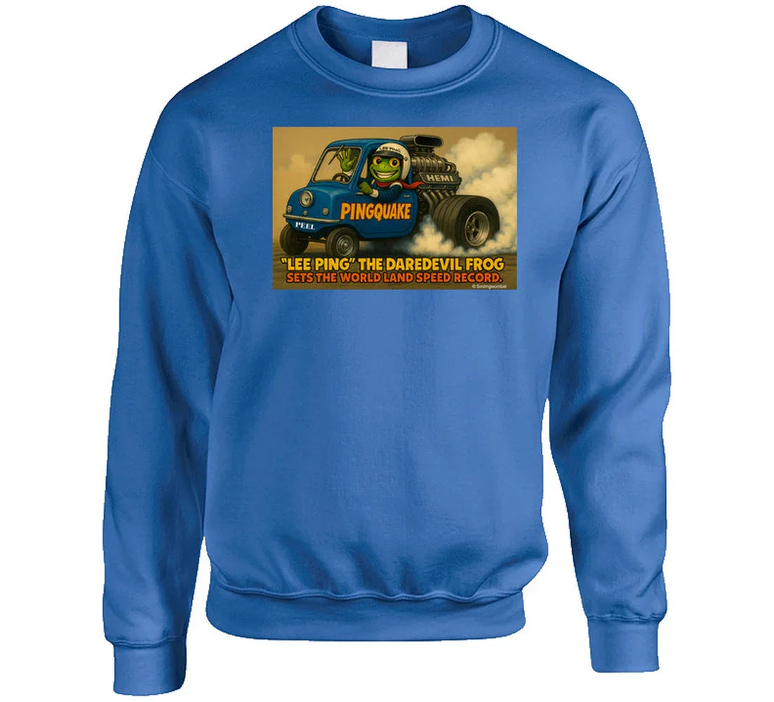 - “Lee Ping sweatshirt featuring cartoon frog in HEMI car”
