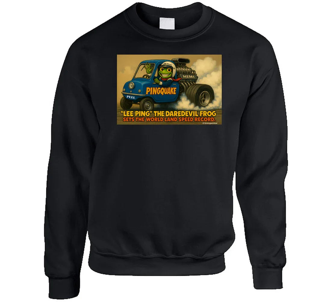 - “Lee Ping sweatshirt featuring cartoon frog in HEMI car”
