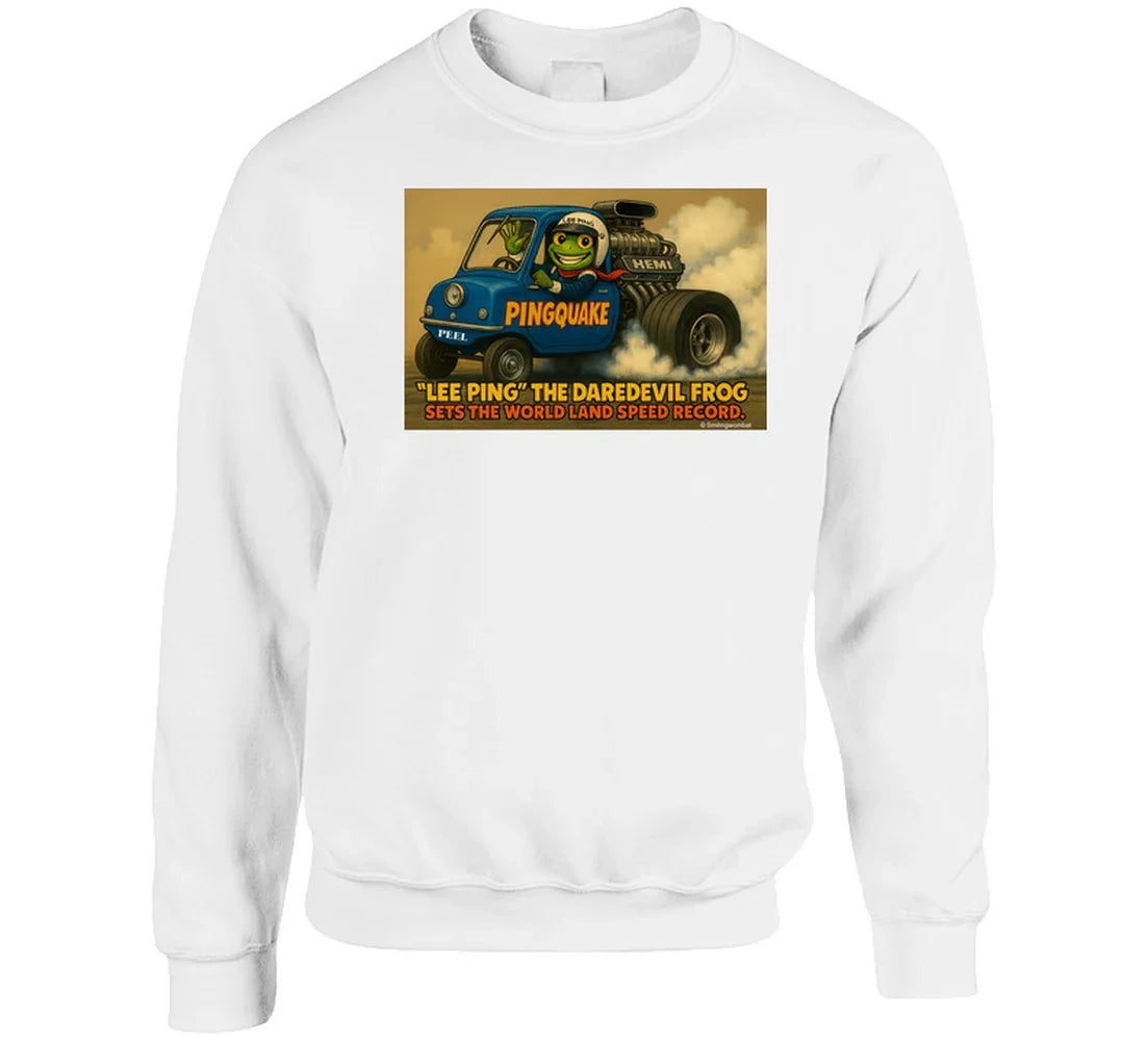 - “Lee Ping sweatshirt featuring cartoon frog in HEMI car”
