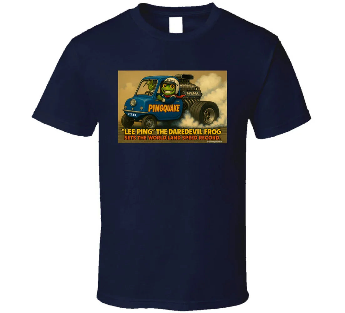 - “Lee Ping daredevil frog T-shirt with Pingquake stunt car”

