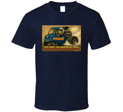 - “Lee Ping daredevil frog T-shirt with Pingquake stunt car”
