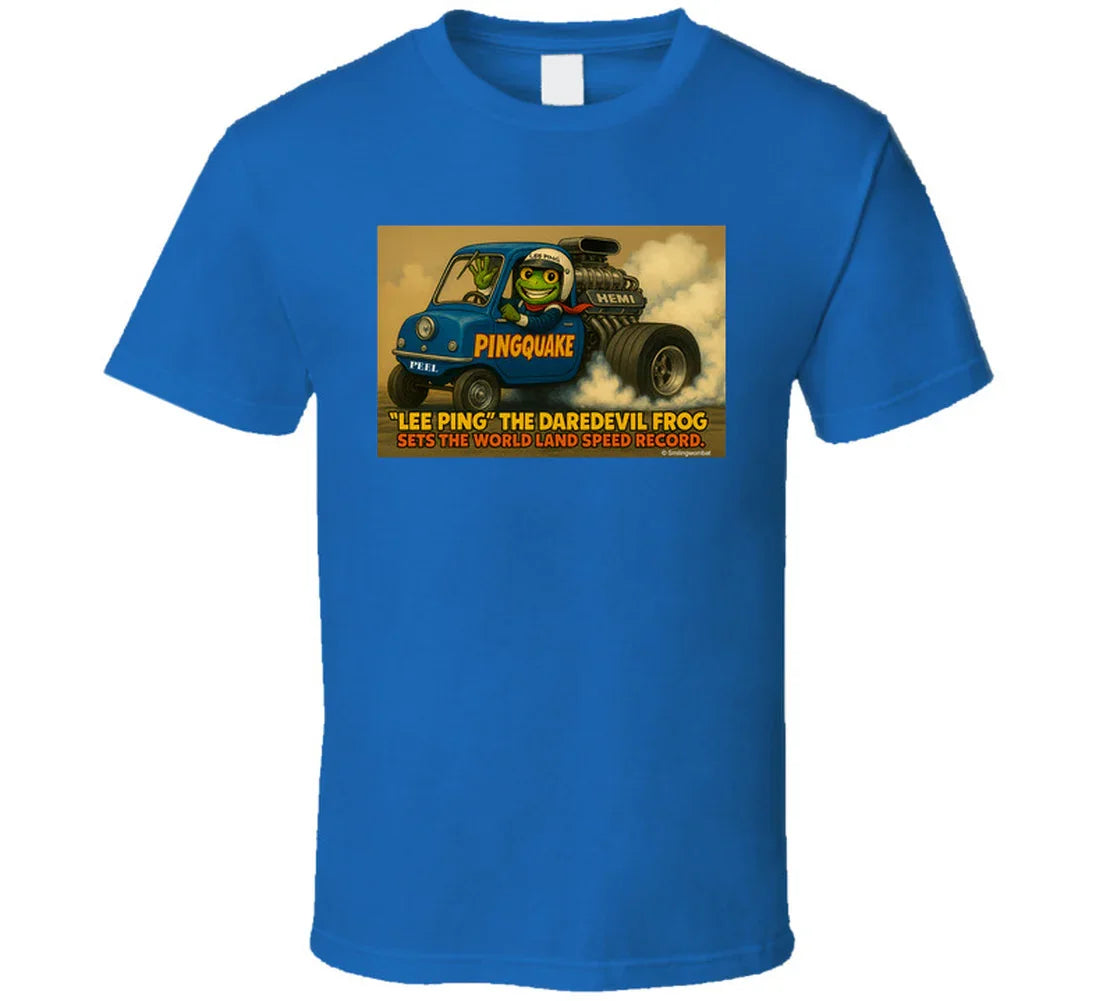 - “Lee Ping daredevil frog T-shirt with Pingquake stunt car”
