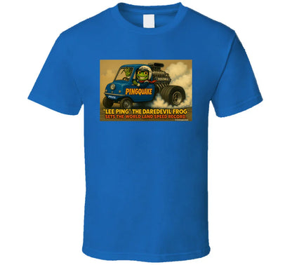 - “Lee Ping daredevil frog T-shirt with Pingquake stunt car”
