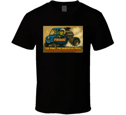 - “Lee Ping daredevil frog T-shirt with Pingquake stunt car”

