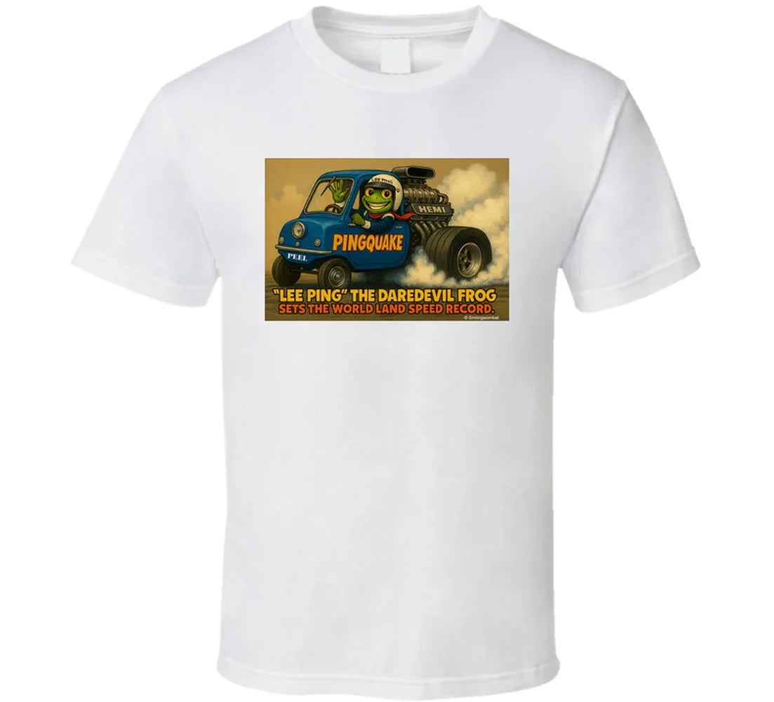 - “Lee Ping daredevil frog T-shirt with Pingquake stunt car”
